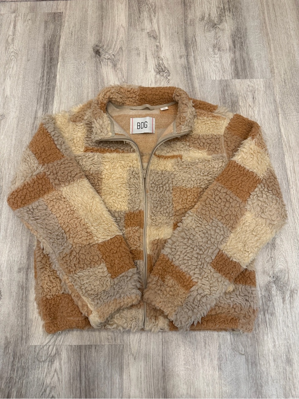 BDG Small Patchwork Sherpa Fleece Zip Jacket Neutral